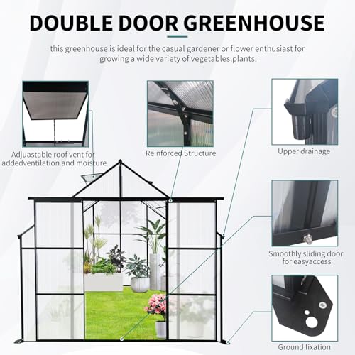 8×10-FT-Greenhouse-for-OutdoorsPolycarbonate-Greenhouse-with-Two-Sliding-Door-Adjustable-Roof-VentAluminum-Large-Walk-in-Greenhouse-for-Outside-Garden-BackyardBlack 8×10 FT Greenhouse for OutdoorsPolycarbonate Greenhouse with Two Sliding Door Adjustable Roof VentAluminum Large Walk in Greenhouse for Outside Garden BackyardBlack