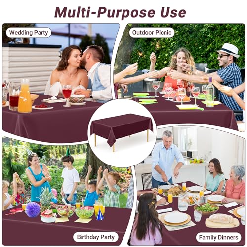 Image of 4 PCS Wine Table Cloth Rectangle Table, 54 x 108 Inches Waterproof Plastic Table Cloth Disposable, Picnic Table Cover for Baptism, Picnic, Restaurant, Wedding decor, Fits Rectangle and Round Tables