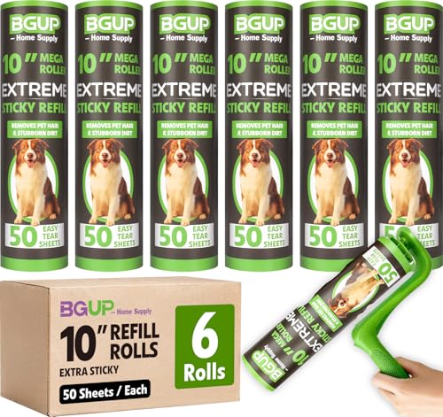 BGUP 10 Inch Lint Roller Refills 6 Rolls 300 Sheets Large Lint Rollers for Pet Hair Extra Sticky Easily Remove Carpets Clothes Couch and Curtains Dust (Not Include Lint Roller Handle)