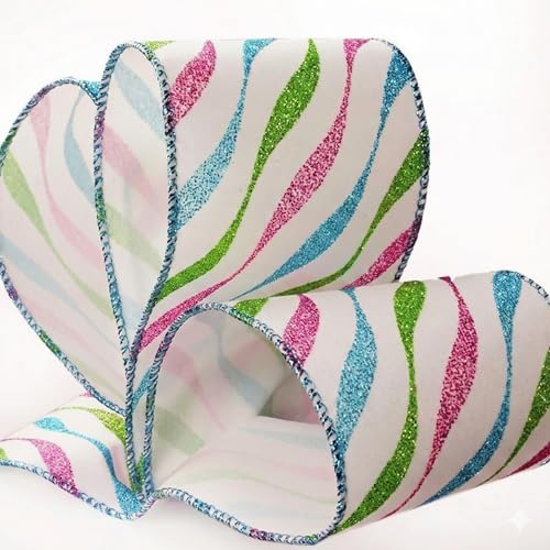 Image of Easter Swirl Glitter Wired Ribbon - 2 1 /2 inch x 10 Yards, Christmas Decor, Mardi Gras, White, Blue, Pink, Green Stripes, Gift Basket Decoration, Birthday, Wrapping, Wreaths, Bows