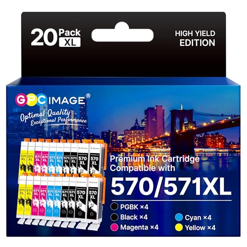 GPC Image 20-Pack 570XL 571XL Ink Cartridges Compatible for Canon 570 571 Ink Cartridges for Canon PIXMA MG5750 MG5751 MG5700 MG5500 TS6050 MG6800 MG6850 MG6851 TS5000 TS5050 (4PGBK/4BK/4C/4M/4Y)