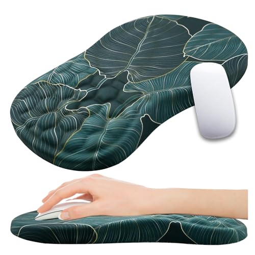Ergonomic Mouse Pad Wrist Support, Memory Foam Massage Bulge Mousepad Wrist Rest for Carpal Tunnel Pain Relief, Gel Mouse Pads for Computer, Laptop, Office, Gaming (12x8 inch, Green Palm Leaves)