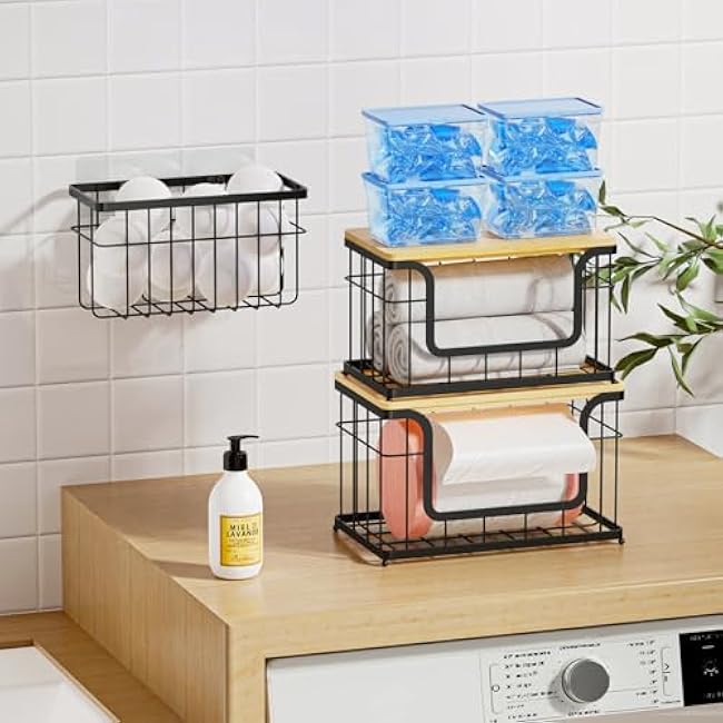 3 Pack Laundry Pantry Kitchen Organizers and Storage, 2 Pack Stackable Trash Bag Holder Under Sink Organizer & 1 Pack Wrap Organizer, Wall Mount Garbage Bag Holder with Bamboo Top for Onion Potato