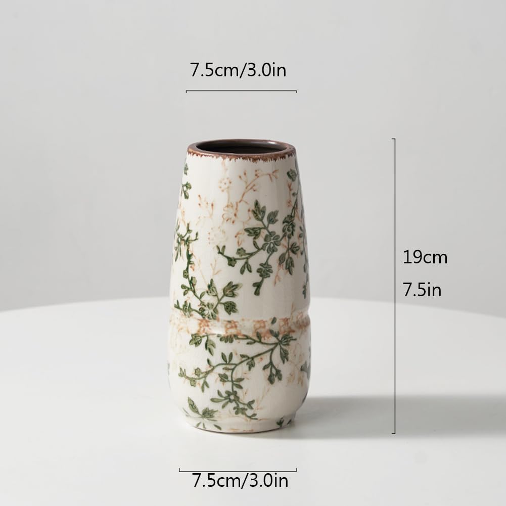 Green Chinoiserie Floral Vase,Ceramic Vintage Vases Retro Ice Cracked Ceramic Vases for Home Decor, Living Room,Office,Chinoiserie Decor,E1