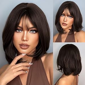 HAIRCUBE tiene el pelo corto y rizado encantador Bob y la peluca bang son de naturaleza femenina fiesta de fibra sintética resistente al calor/juego de roles/ropa/peluca diaria (Marrón oscuro)