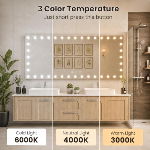 Image of WTTY 96 inchx36 inch Hollywood Vanity Mirror with Lights, Wall-Mounted Makeup Mirror with 3 Color Temperatures, Stepless Dimmable Bulbs, Anti-Fog & Shatter-Proof