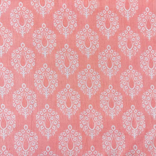 AVKA Studio Hand Block Print Fabric by The Yard - PRECUT 1 Yard 42 Inch Width - 100% Cotton Material - Light Coral/Peach Floral Pattern - Light Weight Indian Cloth for Making Summer Dress Tops etc