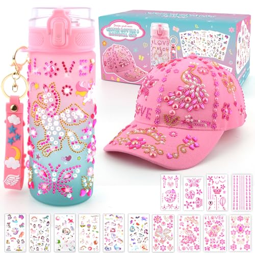 Regali per ragazze, decora la tua bottiglia d'acqua e il berretto da baseball, regalo di compleanno per ragazze di età 4 5 6 7 8 9 10 anni kit fai da te, arte e artigianato per ragazze con strass