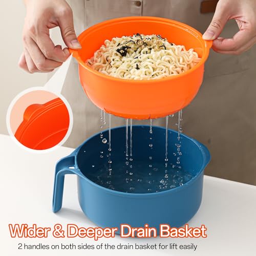 Image of Large Ramen Bowl Set, Microwave Noodle Pasta Cooker with Lid and Strainer, Microwave Steamer for Vegetables, with Stainless Steel Chopsticks, Spoon, Fork, for Office, College, Dorm, Gift (Orange)