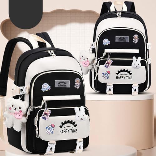 Kawaii Backpack with Cute Accessories Plush Bear Pendant Aesthetic Casual Daypack Multi-pocket Laptop Travel Bag (Black)2