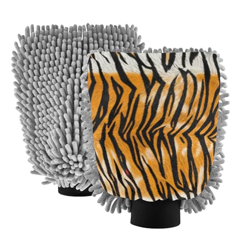 Kigai Beautiful Texture of Tiger Skin Car Wash Mitt Microfiber, 2Pcs Scratch Free Lint-Free, Premium Chenille Microfiber Mitt Car Wash Brush-L