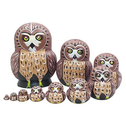 Winterworm 1 Lot de 10 pcs Cute Owl Thème Animal en Bois empilage gigogne Crèche de Noël Faite à la Main poupée Russe Enfant Cadeau Jouet