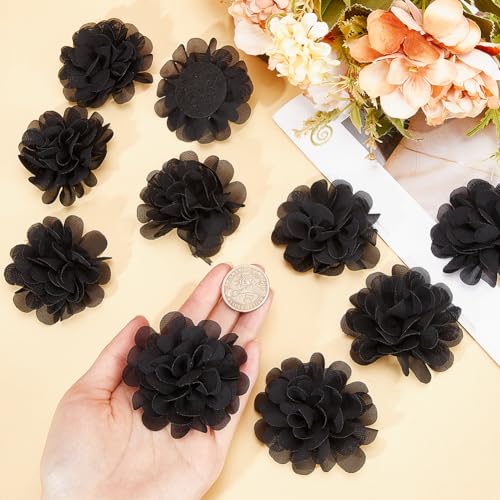 GORGECRAFT 12Pcs 3D Chiffon Flower Black Mesh Fabric Flowers Sewing Fabric Appliques Headband Embellishments Ornament Accessories Chiffon Lace Flower for Diy Craft Wedding Decor - Image 3