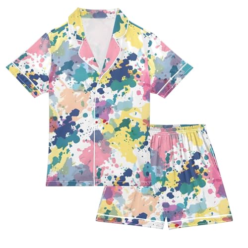 ALAZA Watercolor Spots Abstract Pajamas Satin Pajama Set Short Sleeve Button Down Sleepwear