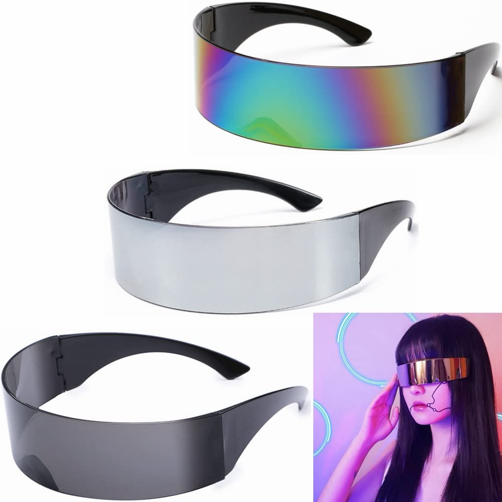 Kiwochy Quick Glasses Futuristic Narrow Glasses Pack of 3 Coloured + Silver + Black Men Women Fun Glasses Space Glasses Alien Glasses for Christmas Carnival Festivals Role Play Halloween Glasses
