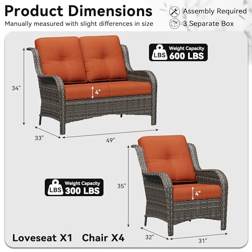 Image of 5 Piece Outdoor Wicker Patio Furniture Set, Patio Chairs Set with Thickened Olefin Cushions, High Back and Deep Seating, Hand-Woven PE Rattan for Porch, Deck
