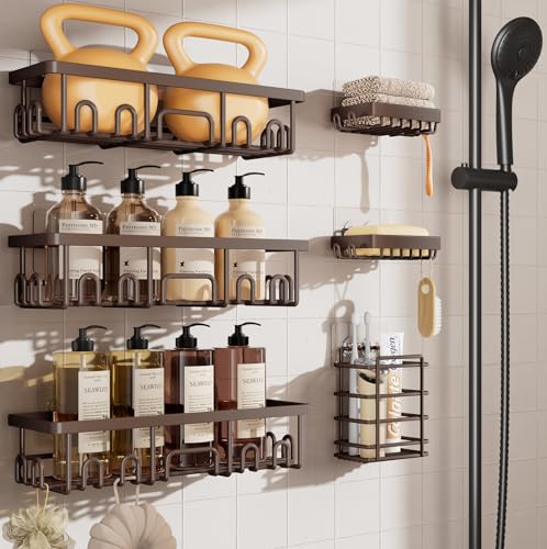 Veken Shower Caddy 6-Pack, No Drilling & Rustproof, Waterproof Adhesive Shelves Rack with Soap Holder, Large Capacity Bathroom Organizers and Storage, Wall-Mounted Kitchen & Home Decor