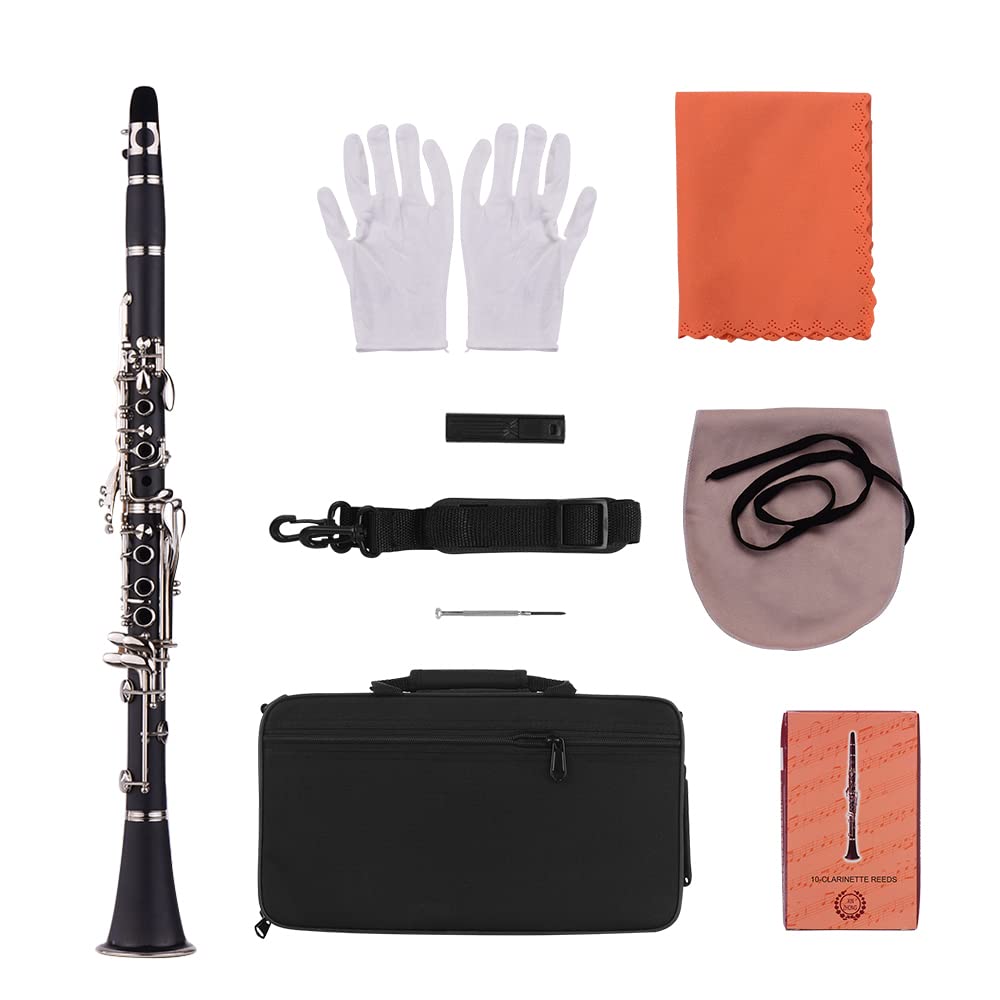 Clarinete ABS de 17 Teclas en si Bemol con Estuche de Transporte Guantes Paño de Limpieza Mini Destornillador Estuche para cañas 10 Piezas Cañas Instrumento de Viento de Madera