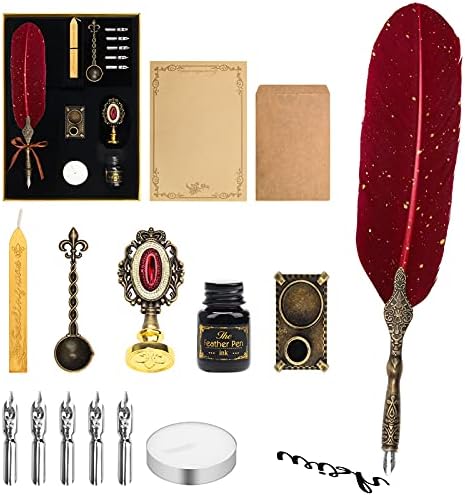 Quill Pen and Ink Set, AngleKai Calligraphy Feather pen Set with Wax Seal Stamp│Ink│Wax Seal Sticks│Replacement Nibs│Spoon│Envelope Letter Paper│White Wax, Best Gift for Birthday (Red)