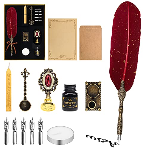 Quill Pen And Ink Set, Anglekai Calligraphy Feather Pen Set With Wax Seal Stamp│Ink│Wax Seal Sticks│Replacement Nibs│Spoon│Envelope Letter Paper│White Wax, Best Gift For Birthday (Red) #TOP17
