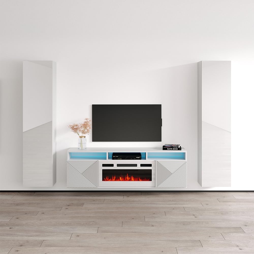 Meble Furniture Giza WH-EF 40 Electric Fireplace TV Stand — Floating Entertainment Center with Multicolor LED Flames — Modern High Gloss Storage, 59.1" W x 15.7" D x 21.7" H — White