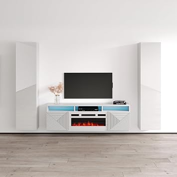 Meble Furniture Giza WH-EF 40 Electric Fireplace TV Stand Floating Entertainment Center with Multicolor LED Flames Modern High Gloss Storage, 59.1" W x 15.7" D x 21.7" H White