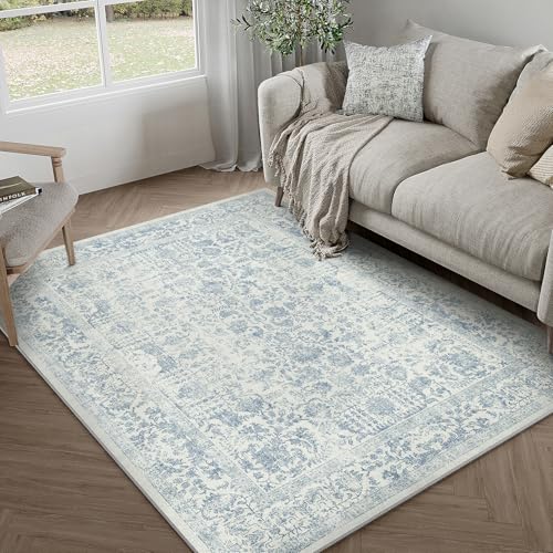Blue Area Rug 4x5 Office Entryway Rug Machine Washable Kitchen Vintage Distressed Non Slip Carpet Indoor Retro Floral Accent Throw Door Mat for Bathroom Bedroom Dining Living Room