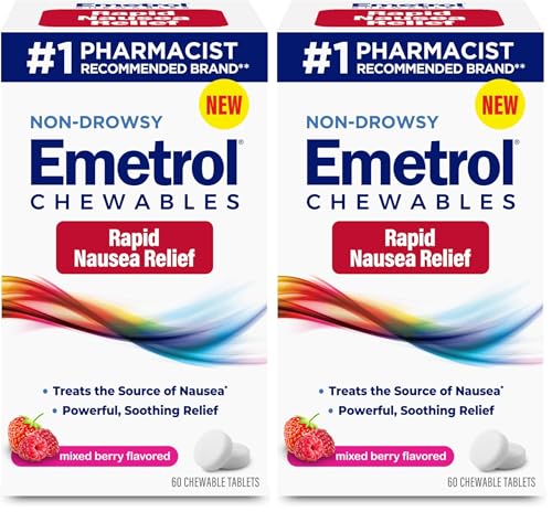 Image of Emetrol Non-Drowsy Nausea Relief - Chewable Medicine for Upset Stomach - Pharmacist Recommended Nausea Relief - Mixed Berry Flavor, 60 Tablets (Pack of 2)