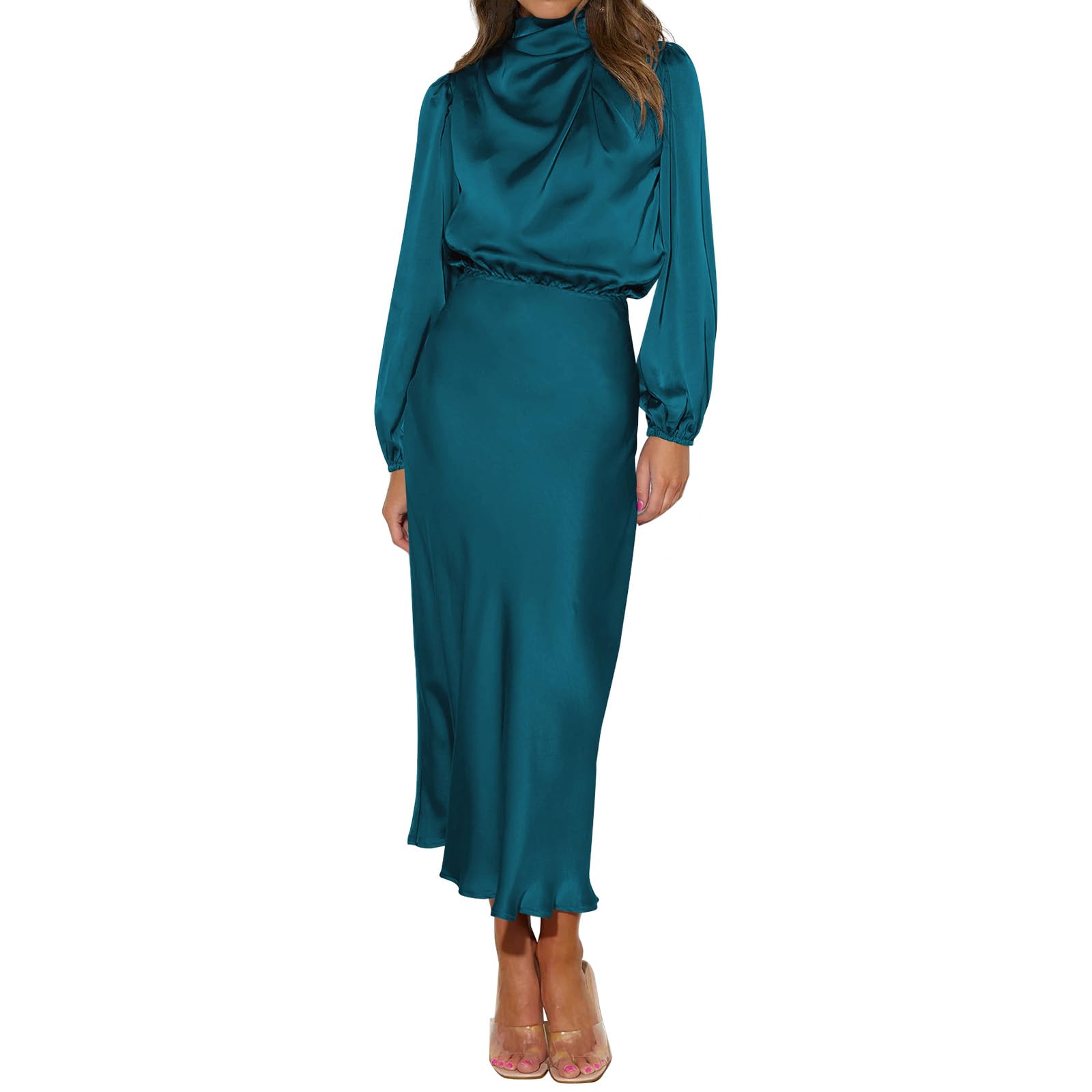 IDOPIP Vestido largo de satén para mujer, elegante, manga larga, cuello alto, vestido de noche, festivo, boda, otoño, invierno, cóctel, fiesta, vestido maxi