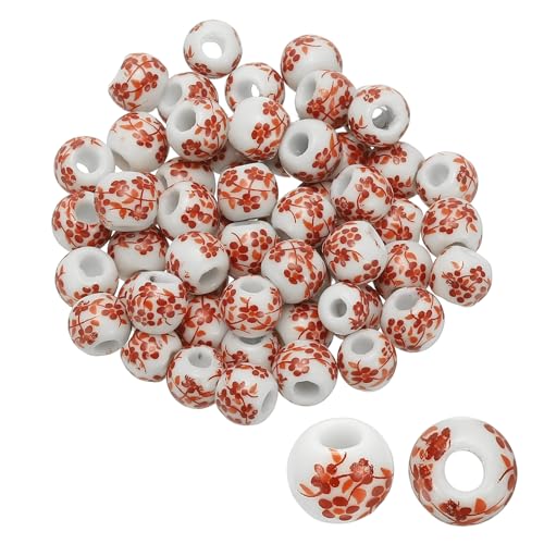 PATIKIL 50 pcs De Cuentas De Cerámica Para Hacer Joyería, 8mm Cuentas De Porcelana Estampadas Con Flores Suministros De Abalorios Hechos A Mano Esmaltados Para Pendientes, Orquídea Roja