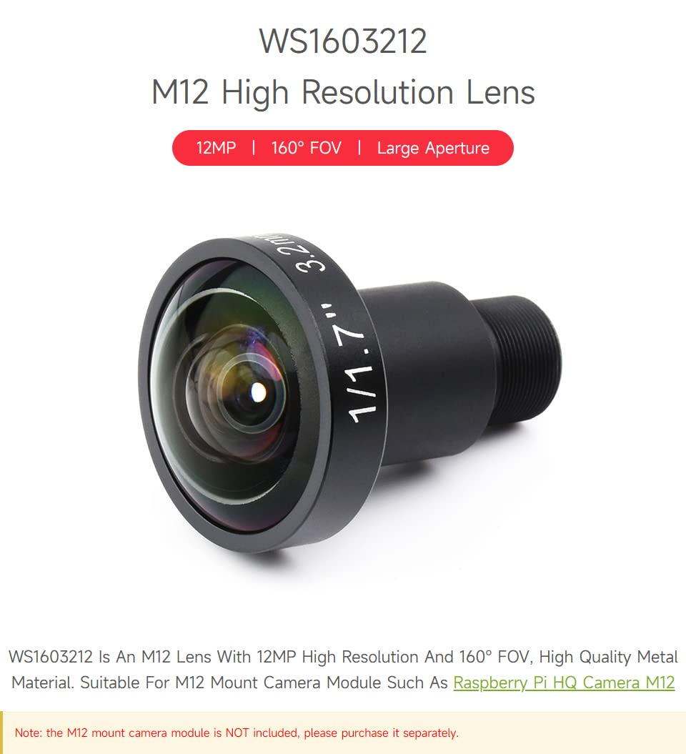Waveshare Obiettivo M12 ad alta risoluzione, compatibile con fotocamera Raspberry Pi M12,12MP, FOV 160°, lunghezza focale 3,2 mm