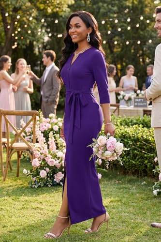 Image of Nmoder Maxi Dress for Women Long Church Cocktail Casual Dresses Colorblock Front Split 3 /4 Sleeve V Neck Pencil Dress