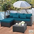 Rattaner Wicker Patio Furniture Set - 3 Piece Outdoor Sectional Couch with Storage Coffee Table, All-Weather Non-Slip Cushions & Waterproof Covers, Peacock Blue