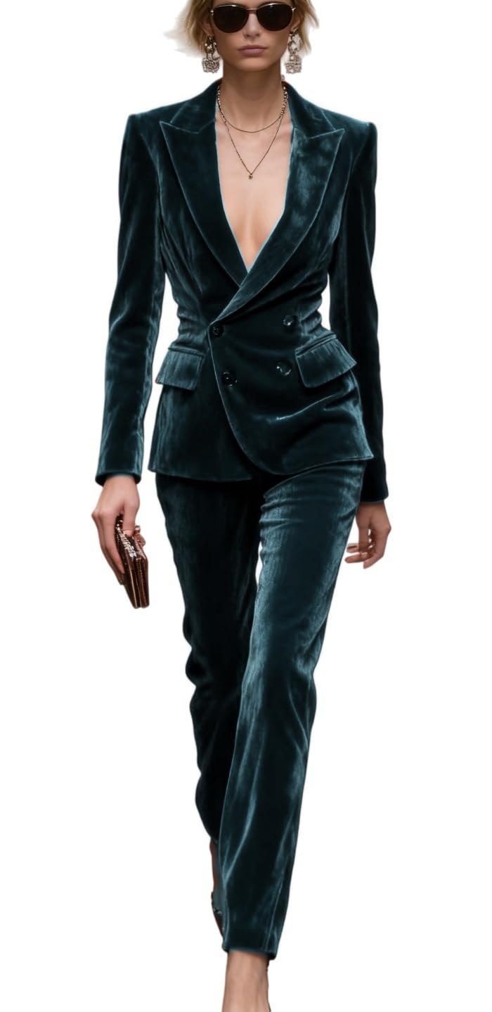 Botong Womens Velvet Suit Double Breasted Business Suit for Work Blazer Pants Prom Outfit Teal