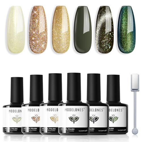 Image of modelones Gel Nail Polish Set, 6 Colors 2026 Spring Summer Green Gold Yellow Sparkle Reflective Glitter Gel Polish Dark Green 9D Cat Eye Nail polish with Magnet Soak Off LED Nail Art Kit DIY Gift