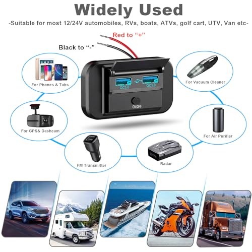 4PCS 12V RV USB Outlet with Power Switch, 36W Dual Quick Charge QC3.0 USB-A Port Panel Wall Surface Mount, 12Volt Car Socket Charger Adapter for RV Marine Boat Bus ATV Motorcycle Truck Golf Cart - Thumbnail 3