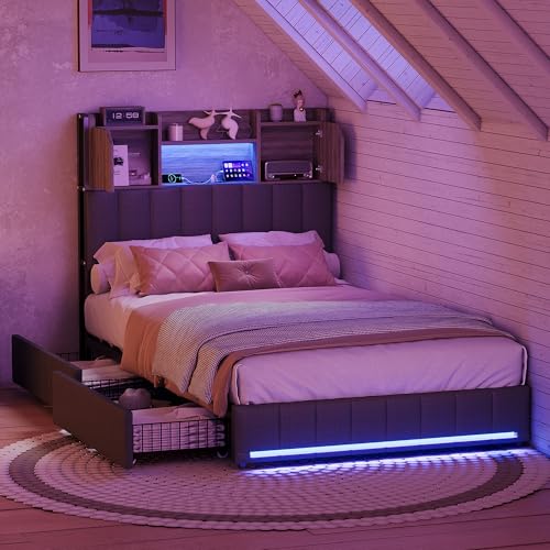 LIVLUX Lit 90x200 avec Sommier LED et USB,lit rembourré avec sommier à Lattes et 2 Tiroirs,Tete de Lits avec Rangement,pour Adultes et Adolescents,Lin (Gris, 90 x 200...