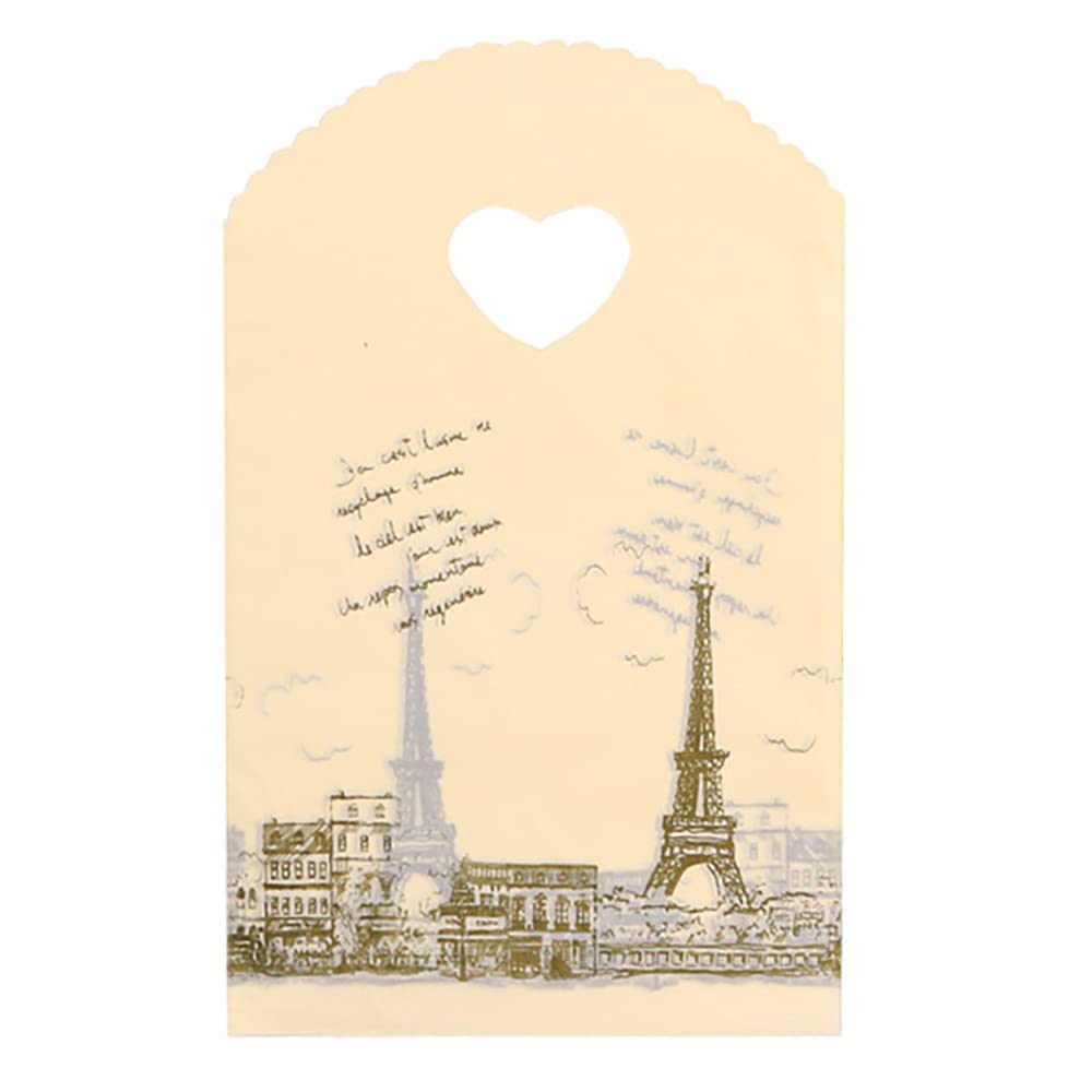 Joyhey 100 Count 5" x 8" Small Plastic Merchandise Bags, Retail Shopping Bags with Die Cut Handles - Yellow Eiffel Tower (More Patterns Available)