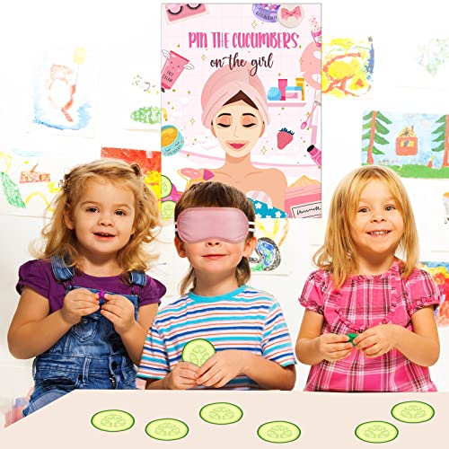 Ireer 38 Pieces Spa Party Games Pin The Cucumbers On The Girl Spa Party Poster Stickers With Blindfolds Spa Game Makeup Party Decorations For Kids Girl Women Spa Birthday Party Supplies Decorations #TOP5