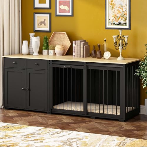 Large-Dog-Crate-Funiture-with-Drawers-787-Luxury-Wooden-Heavy-Duty-Dog-Kennel-Table-Furniture-with-Sliding-Door-Indoor-Dog-House-TV-Stand-for-Large-Medium-Breed-Dogs-Black Large Dog Crate Funiture with Drawers 787 Luxury Wooden Heavy Duty Dog Kennel Table Furniture with Sliding Door Indoor Dog House TV Stand for Large Medium Breed Dogs Black