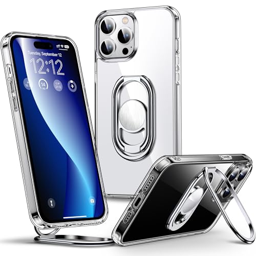 Image of SHIELDS UP for iPhone 14 Pro Back Cover Case with Stand, Phone Case Clear with Double Ring Holder [Adjustable & Foldable] Shockproof Protective Cover for iPhone 14 Pro 6.1 inch - Clear | Double Ring Holder, Adjustable & Foldable, Shockproof Protective Cover, 360 Rotation Kickstand, Hands-Free Viewing