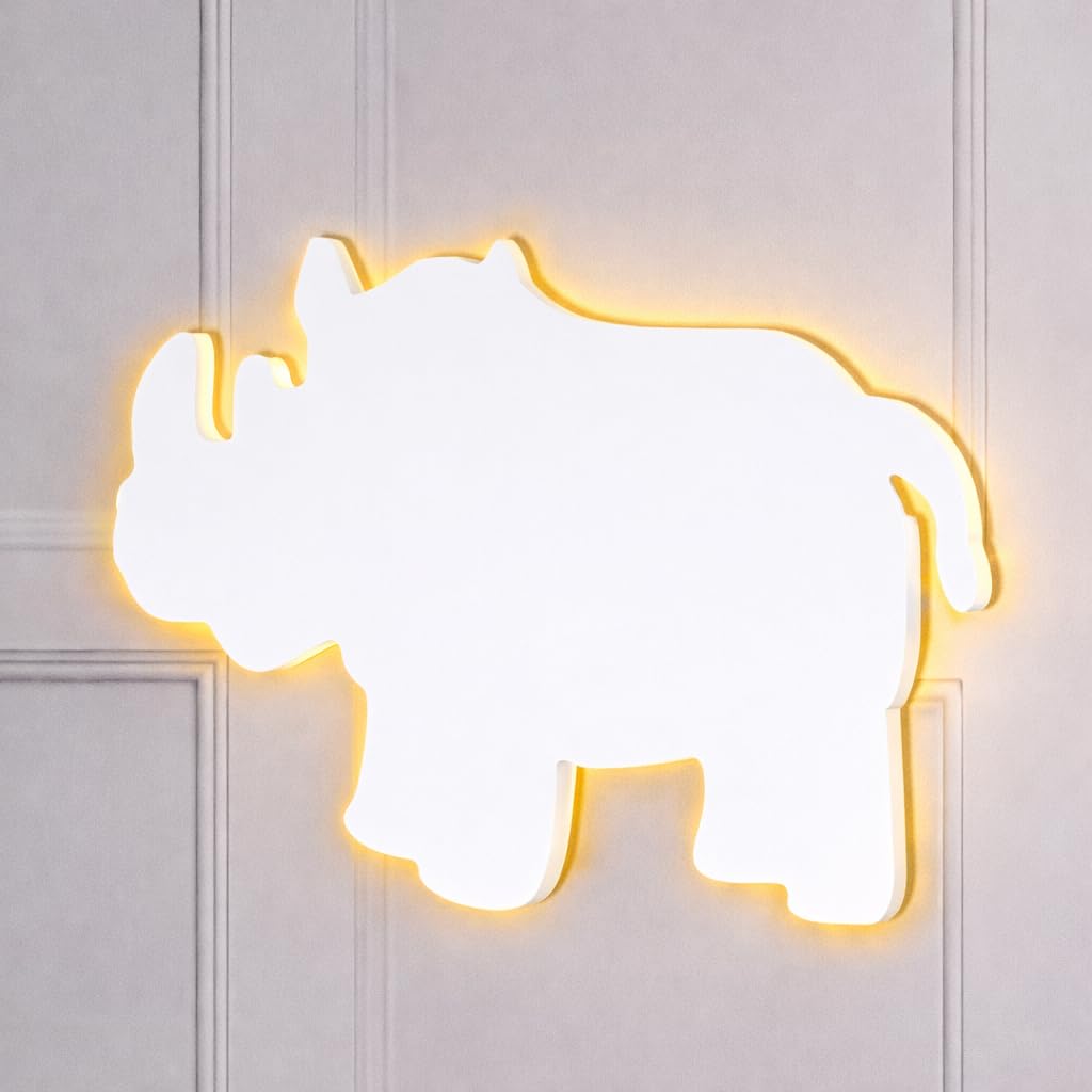 Marco Paul Interiors Boys Rhino Marco Paul Safari Nursery Light - Large White Lamp Pre-Lit Battery Operated Led Wall Lights - Night Light For Safari Decorations, Animal Decor, Kids Bedroom Decor & Animal Night Light