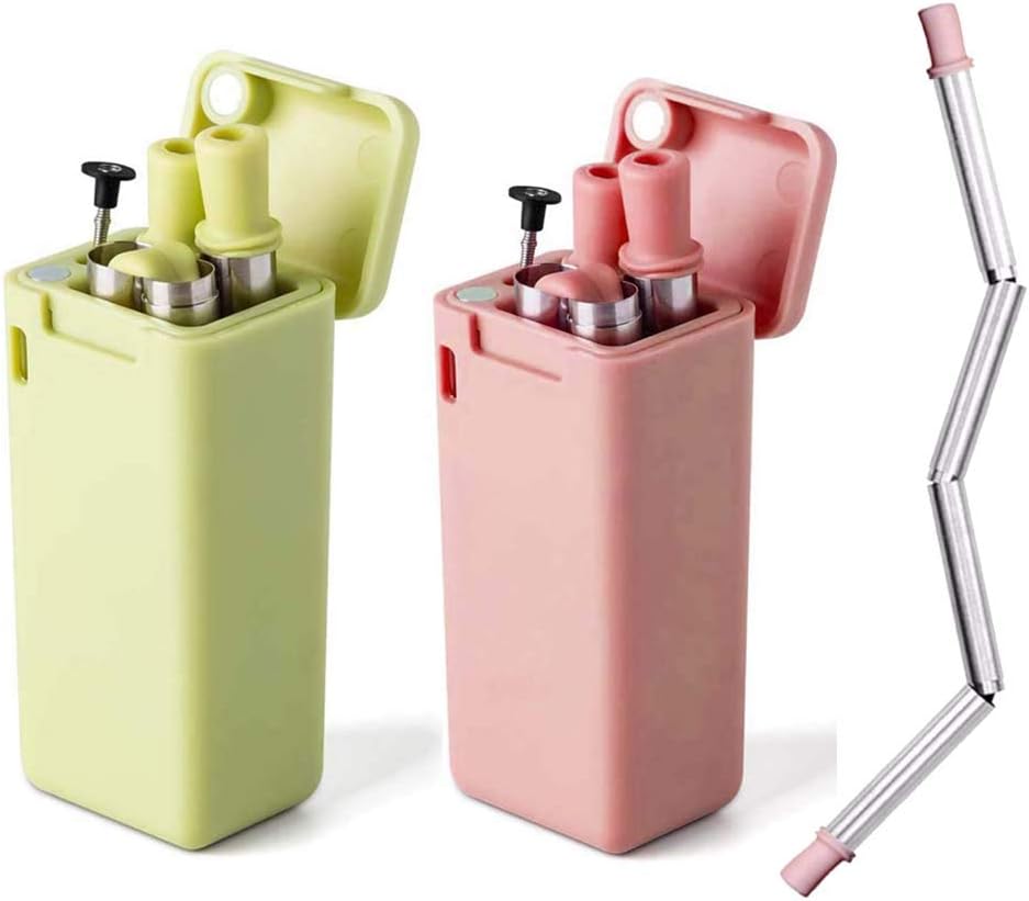 2 Pack Reusable Straws, Metal Drinking Straws, Save the Turtles straw, Food-Grade Portable Stainless Steel Straw, Folding Drinking Straws with Case Cleaning Brush for Party Travel Outdoor