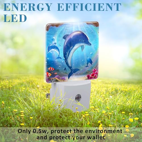 Image of Night Light for Kids Girls Boys, Cute Dolphins in Tropical Sea LED Night Light Plug into Wall with Dusk to Dawn Sensor for Room Decor, Hallway, Kitchen, Bathroom, Nursery, Stairs