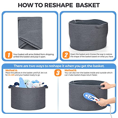 Blanket Basket - 20"x 20"x 13" Cotton Rope Basket for Living Room, Baby Toy Storage Basket, Large Woven Laundry Basket (Gray) - Thumbnail 7