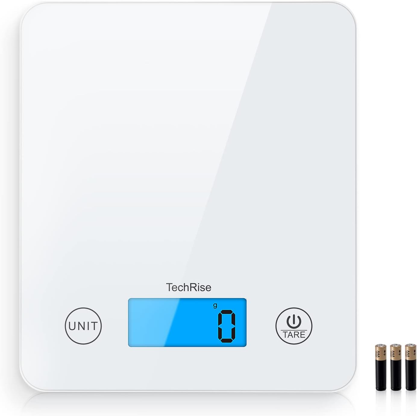 TechRise Digital Kitchen Scale - Touch Sensitive Food Scale with High Precision LED Display and Tare Function, Auto-Off, Large Tempered Glass Scale for Cooking/Dieting/Baking, 11lb 5kg, White