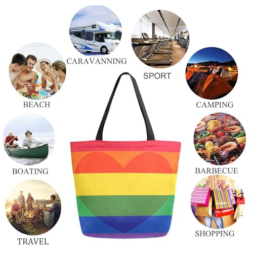 Trendy Extra Large Shoulder Grocery Tote Bag, Rainbow Pride Flag in Heart Canvas Daily Handle Bag for Gym Yoga Weekender Picnic Beach Travel Kitchen Reusable Market Shopping2