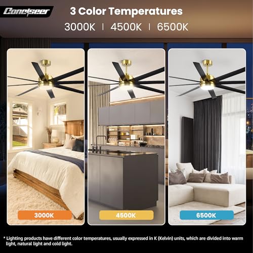 Image of Conciseer 65 Inch Ceiling Fans with Lights and Remote for Bedroom Living Room Kitchen Office, Indoor /Outdoor Use, 3CCT, 8 Blades 6 Speed Reversible Dimmable Quiet DC Motor, Gold /Black