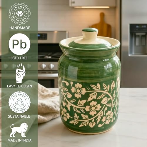 Image of Green Floral Ceramic Handglazed Pickle Jars Set of 1-1000 ML Each | 1 kg Achaar Martban Barni Jar with Lid | Ceramic Storage Jar Container Pickle, Chatney
