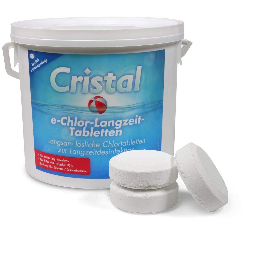 Cristal e-Chlor Langzeit-Tabletten 5 kg - 200 g Chlortabletten - Langzeitdesinfektion - Pools ab 20.000 l - Langsam löslich - Hoher Aktivchlorgehalt